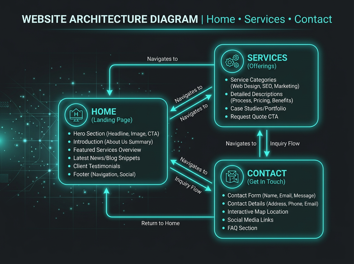 Diagram showing the three connected pages of a focused lead generation website