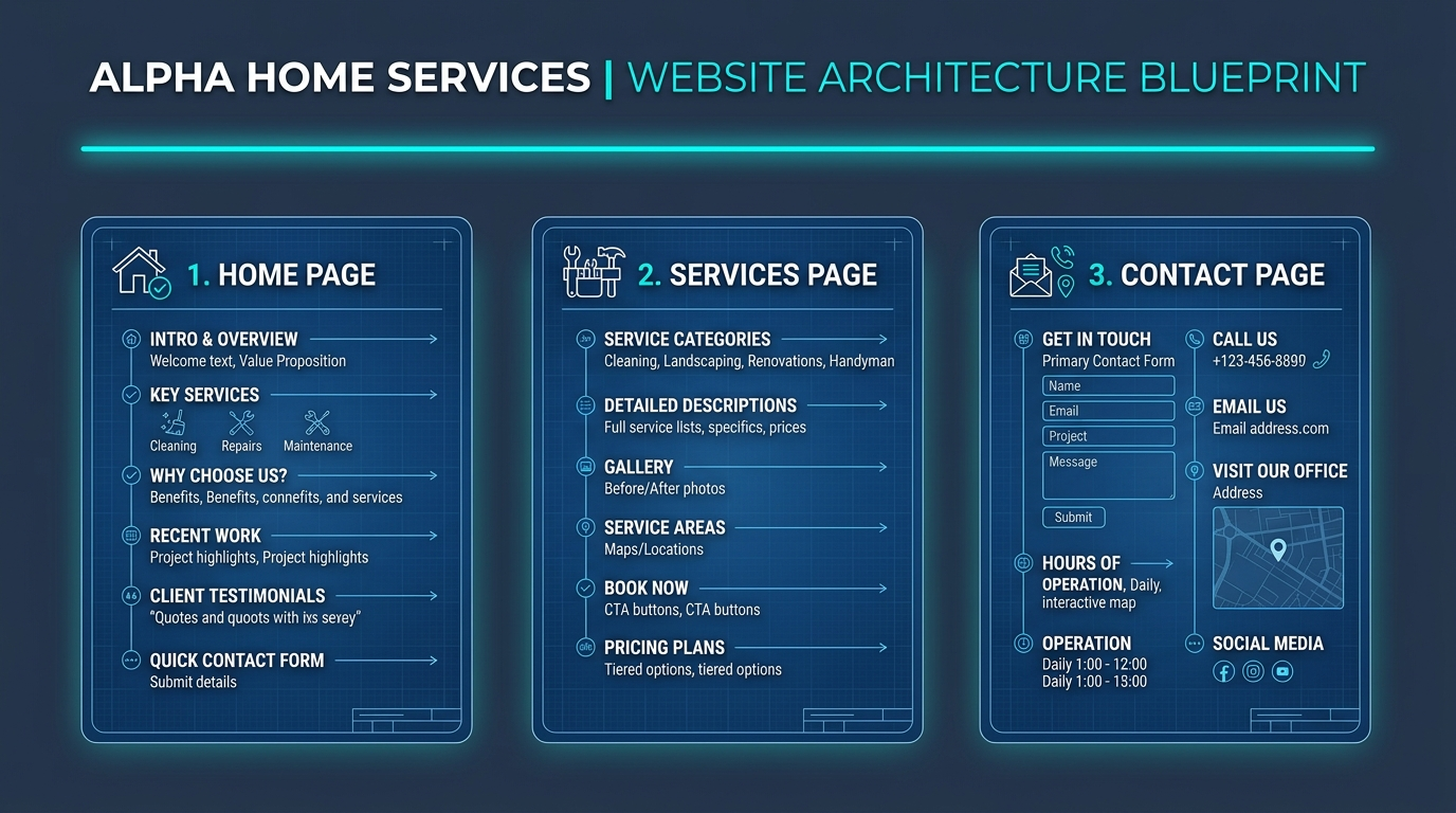 Architecture overview banner showing three aligned cards representing home services and contact